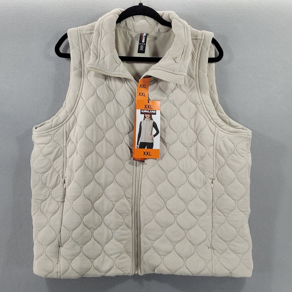 Kirkland Signature Quilted Vest Onion Stitch Beige Mock Neck Full Zip XXL NWT